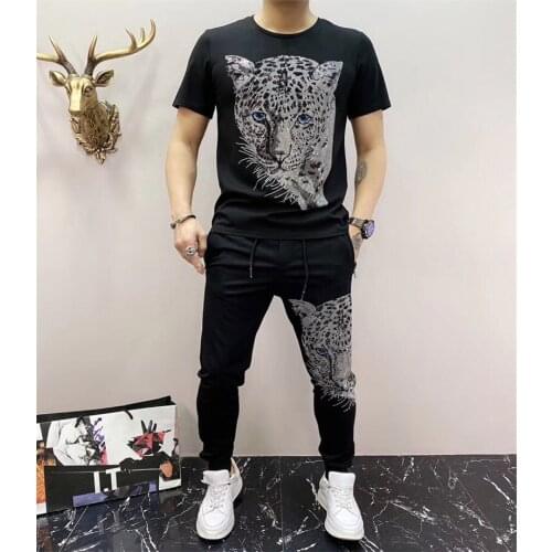 High quality breathable sportswear mens summer hot drilling pattern T-shirt+casual pants two-piece set