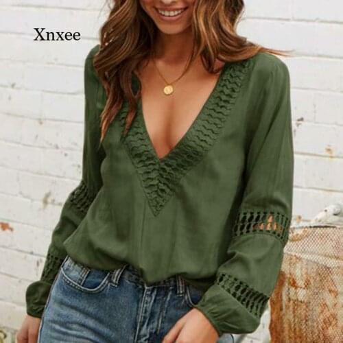 Summer Long Sleeve Sexy Tops Women Loose T-Shirt Women Casual V-Neck Top Hollow Out Lantern Sleeve Shirts Fashion Loose Clothes