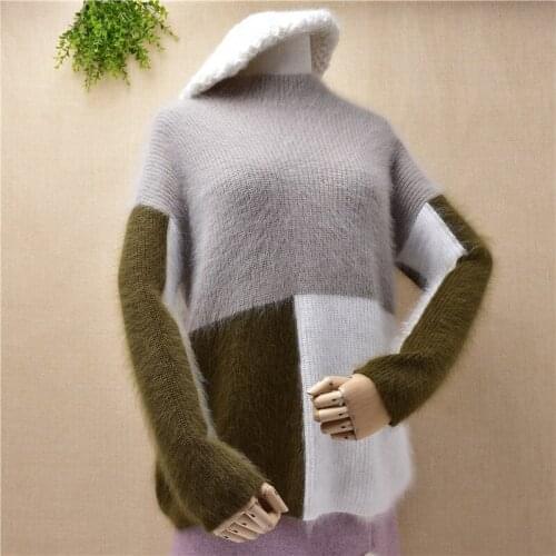 Classic three-color stitching womens knitted sweater Angola rabbit hair long-sleeved bottoming blouse female winter clothing