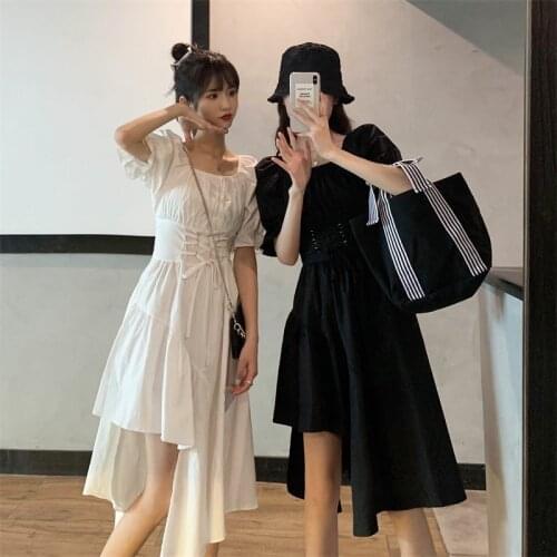 Women Summer Puff Sleeve Square Collar Irregular Solid Slim Dresses 2021 Design New Bandage White Solid Casual Dress
