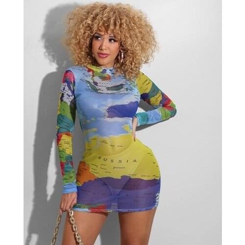 Map Print Sheer Mesh Mini Dress Women Clothes Spring Sexy Long Sleeve Dresses for Women Party Transparent Short Bodycon Dress