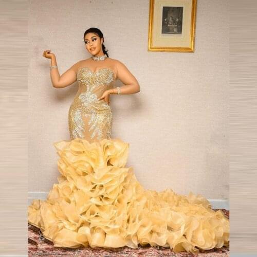 Gold Mermaid Prom Dresses Sexy Sheer Neck Lace Appliques Ruffles Long Train Plus Size Evening Dress Aso Ebi Party Gowns