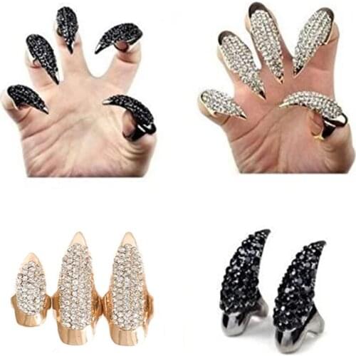 3 Sizes Gothic Punk Crystal Full Finger Rings Cover Fingertip Claw Costume Paw Fake Nail Rings for Women Set Fake Nails Gold New