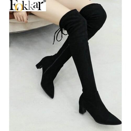 Eokkar 2018 Women Shoes Women Over Knee High Boots Zipper Pointed Toe Black Yellow Flock Women Boots Winter Boots Size 34-43