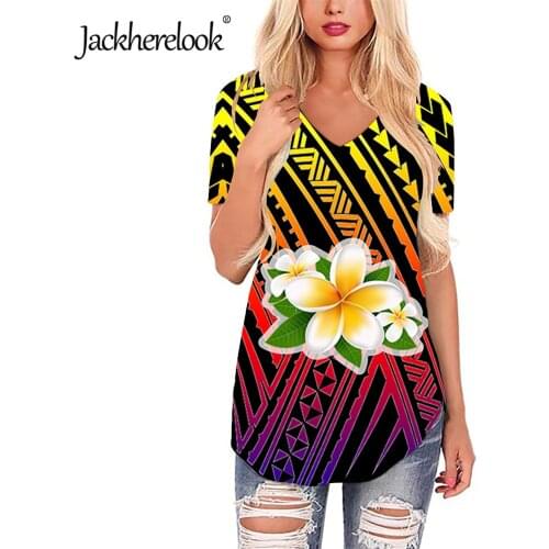 Jackherelook Harajuku V-neck Blouses for Teen Girls Polynesian Hawaiian Hibiscus Print Women Short Sleeve Top Shirt Blusas Mujer
