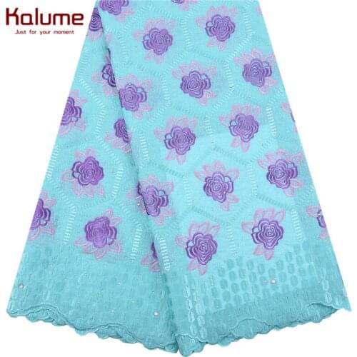 Kalume African Dry Lace Fabric Cyan Swiss Dress Cotton Lace Fabric Stones For Nigerian Sewing Wedding Swiss Voile Laces F2009