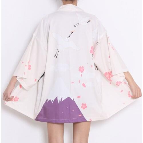 Japanese Style Kimono Cherry Crane Print Women Cardigan Casual Shirt Yukata Girls Haori Kimono Samurai Traditional Asian Clothes