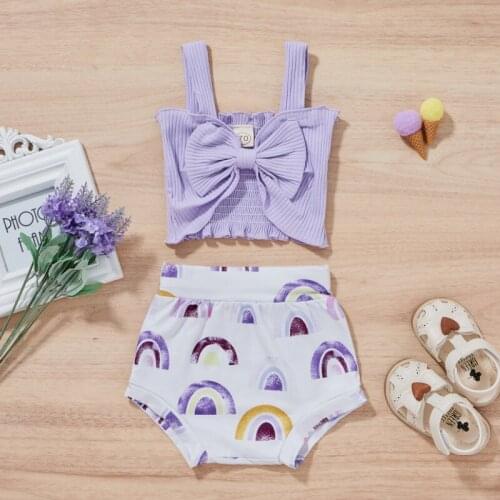 2 Pieces Kids Suit Set, Summer Solid Color Sleeveless Big Bowknot Short Tops+ Floral Print Shorts