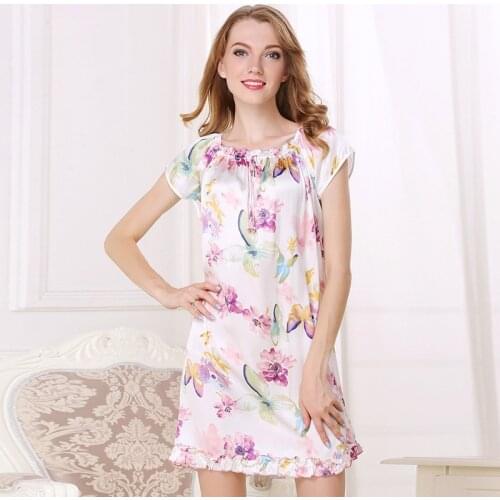 Summer Floral flower 100% genuine silk women sleepdress natural silky pijama fresh sleepdress womens silk nightgowns