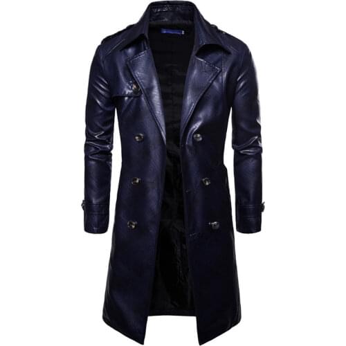 Men Long Trench Coat 2019 New Fashion Slim Fit PU Leather Long Overcoat Double Breasted Autumn Winter British Male Coat Trench
