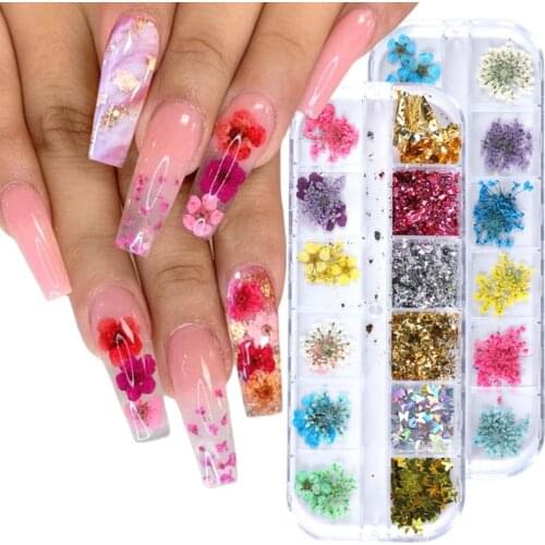 Nail Art Dried Flower Set 1 Box 12 Grid Preserved Flower Size Dried Flower Diamond Ornament Mixed Art Decoration Jewelry Nails