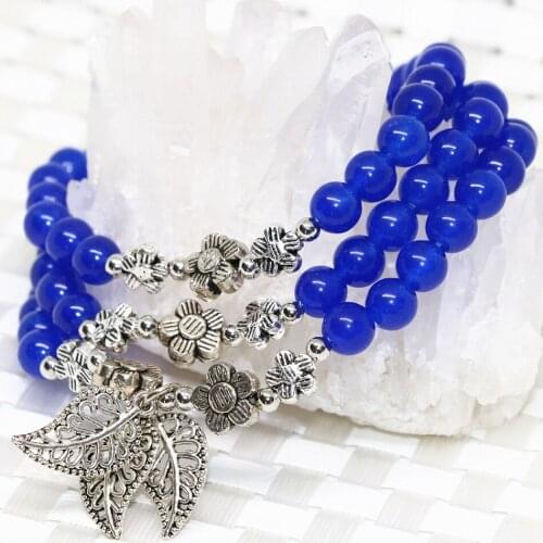 Original design high quality natural blue jades round stone chalcedony multilayer bracelet women 6mm beads jewelry making B2223