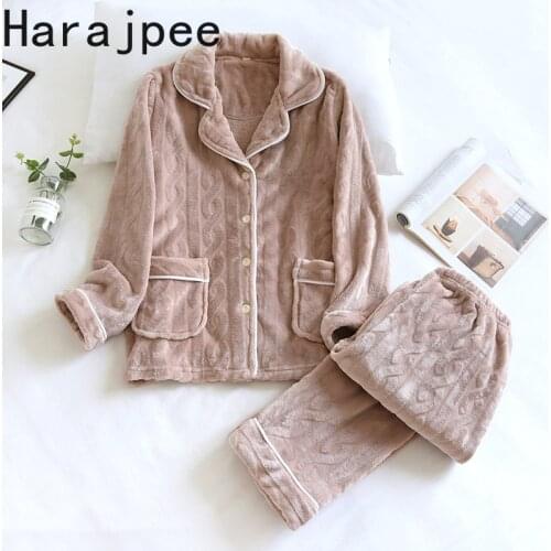 Harajpee Couple Pajamas Autumn Winter 2021 New Men Coral Velvet Women Flannel Plush Thickened Warm Home Clothes Two-piece Set