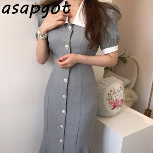 Chic Korean Slim Summer Elegant Puff Short Sleeve Turn Down Collar Contrast Single Breasted Mermaid Dress Women Vestido Sexy