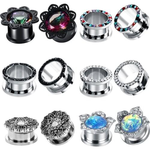 Hot 2pcs/lot Steel Crystal Gem Hollow Flesh Tunnel Plug Piercings Multiple Style Ear Gauge Expander Piercings Jewelry 8-16mm