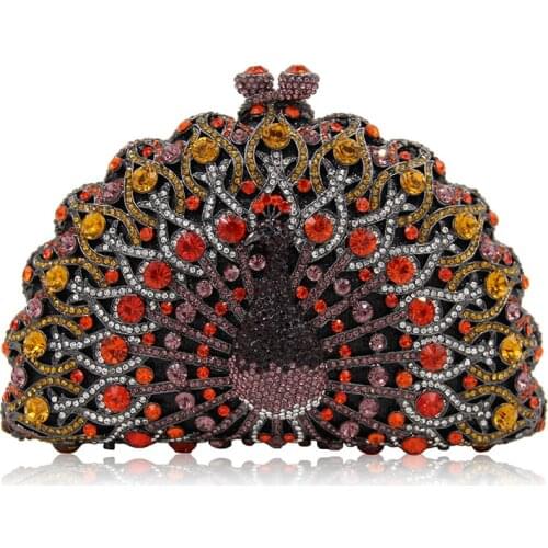 Luxury Yellow/Red/Pink Rhinestone Clutch Purse Fashion White Crystal Hollow Out Peacock Women Evening Bags Female Handbags