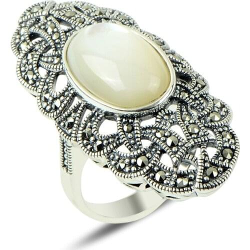 Silverlina Silver Marcasite & Pearl Cubic Zirconia Ring