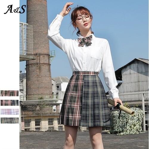 Anbenser School Girl Uniform Pleated Skirts Japanese Uniform High Waist A-Line Plaid Skirt Sexy JK Uniforms for Woman Full set