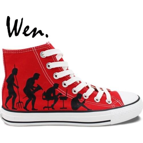 Wen Red Hand Painted Shoes Design Custom Human Evolution High Top Canvas Sneakers Unisex Sport Skateboarding Shoes Plimsolls