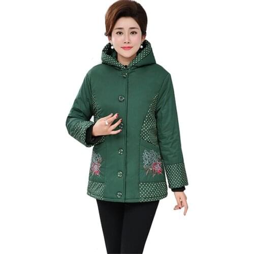 Middle-aged ladies Winter Clothing 2019 Fashion Loose Embroidery Warm Women Jacket Plus size Female Cotton Hooded Winter Coat