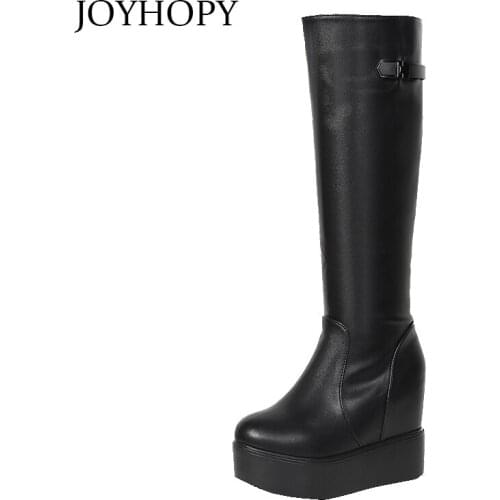 Winter Flat Platform Height Increasing High Tube Boots Women Side Zipper Wedges Shoes Female PU Leather Mid Calf Boots WB075