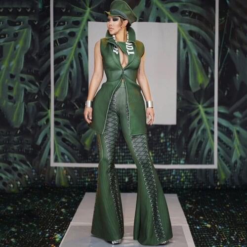 Sexy Stage Costume Women Green Jacket Flared Pants Celebrity Birthday Festival Outfit Nightclub Dj Costumes Rave Wear DT1172