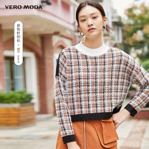 Vero Moda Women Vintage Plaid Patchwork Crew Neck Drop Shoulder Pullover Sweater Knitted Top | 320413023