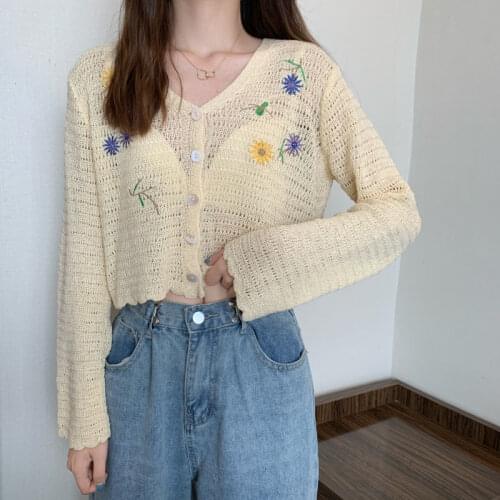2020 Sweet Hollow Out Sweaters Flower Embroidery Single Breasted Cardigan Women Knitwear Yellow White Purple Autumn Spring