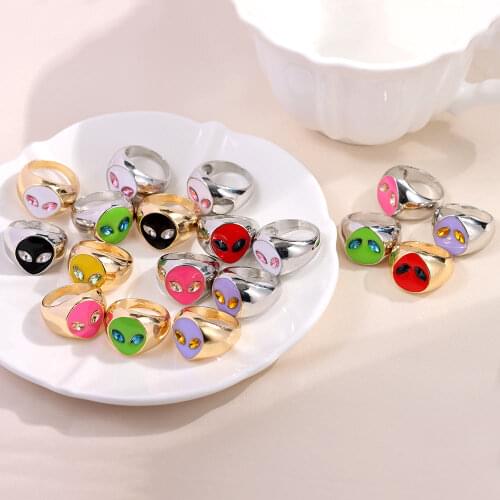 Punk Alien Face Metal Rings Female Hip Hop Crystal Geometric Gold Silver Chunky Cute Rings For Women Couple Jewelry Party Gifts