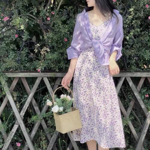 One Piece / Suit Two Piece Suspender Dress Womens Summer Sunscreen Shirt + Purple Floral Dress 2021 New Summer Dress