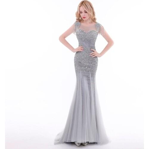 Finove Evening Dress 2020 New Design Luxury Grey with Tassel Beaded Backless Mermaid Floor Length Woman Dresses Party Prom Gowns