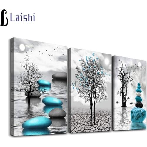 3pcs Zen Blue Stone Abstract Tree Diamond Painting Full Square Round Drill Embroidery Triptych Scenery Rhinestone Mosaic Manual