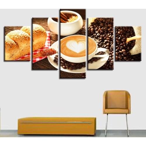 5 Panel Coffee Bread Living Room Modern HD Print Picture Painting Canvas Wall Artist Residence Decorative Frame Poster