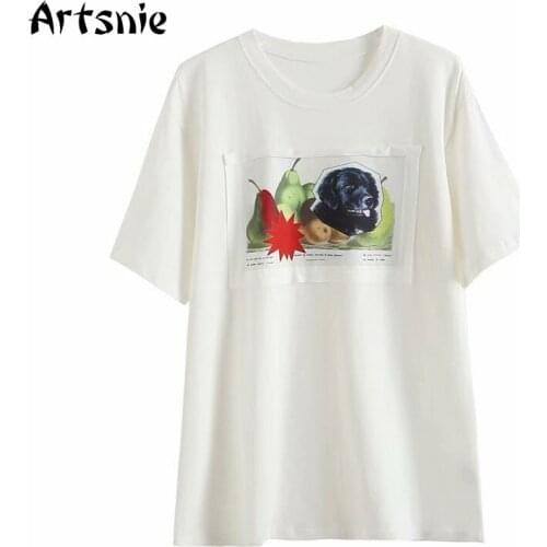 Artsnie Summer 2021 Cartoon Print T Shirt Women O Neck Short Sleeve White Casual Tops Female Streetwear Knitted Ladies T-shirts