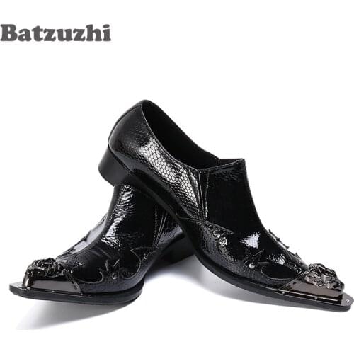 Batzuzhi Fashion Shoes Men Pointed Metal Tip Genuine Leather Dress Shoes Business Formal zapatos de hombre, Big Sizes US6-12