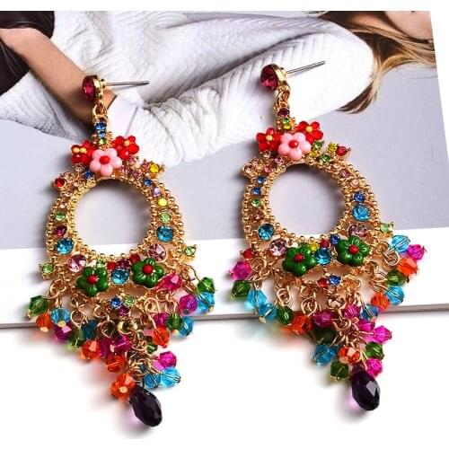 Bohemian Long Dangle Earrings For Women Handmade Ethnic Colorful Flower Beads Tassel Drop Earrings Ear Jewelry