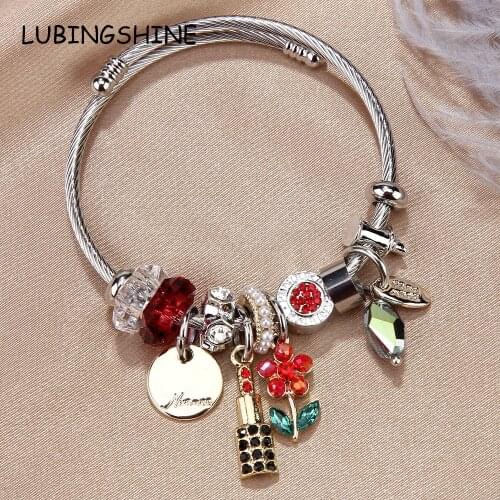 Fashion Stainless Steel Carnation Flower Bracelet Crystal Rhinestone Adjustable Open Cuff Wire Bangle Jewelry for Women Girl