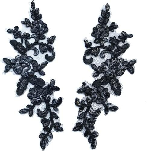 10PAIR 20pcs Black Sequins Clothes Costumes Lace Crystals Sew on Rhinestones Emboridery Patches Appliqued For Dance Garments diy