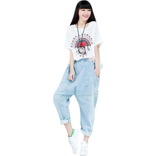 Plus size Boyfriend Jeans Women streetwear Ripped Hole Wide Leg Harem Pants Baggy hip hop Drop Crotch Denim Trousers YT009