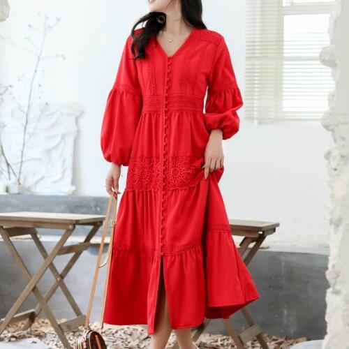 Jastie Women Boho Summer Dresses 2021 Retro V-Neck Long Sleeve Hook Flower Hollow Single-Breasted Slim High Waist Robe Femme