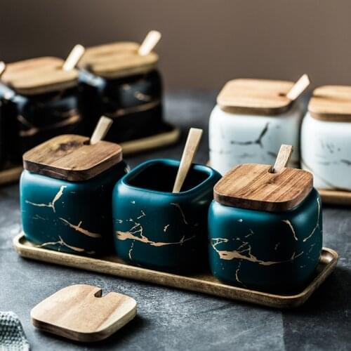 Ceramic Condiment Storage Jar Household Seasoning Pot WoodenTray Spice Jar Soy Sauce Box Kitchen Matte Marbled Salt Sugar Cans