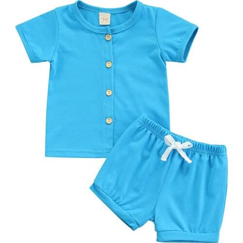 Summer Infant Baby Boy Girl Outfits Clothes Solid Color Two-pieces Button Up Short Sleeve Tops+Drawstring Shorts Baby Sets 0-24M