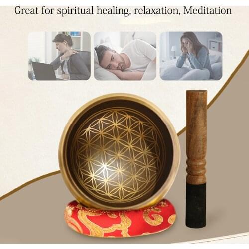 Ammoon Bell Metal Singing Bowl Sets with Mallet & Cushion Flower of Life Pattern Struck Bowl Tibetan Singing Bowl Buddhist Music