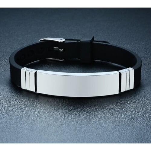 Minimalist Adjustable Bracelet Personalized Jewelry Free Custom Engraving Black Silicone Rubber and Stainless Steel ID Bracelet