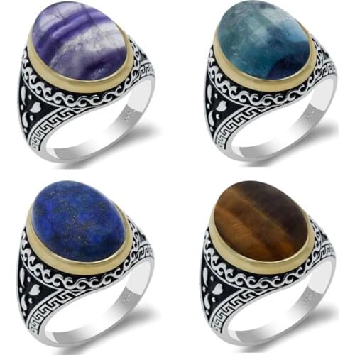 Men Ring with Fluorite/Tiger eye/Lapis Stone 925 Sterling Silver Big Stone Vintage Cock Rings for Male Women Fine Jewelry Gift