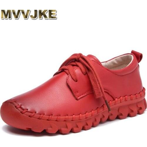 MVVJKE New Leather Women Shoe Casual Handmade Genuine Leather Shoes For Women Flat Shoes Ladies Lacing Loafers Zapatos Mujer