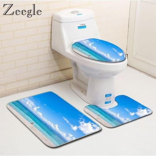 Zeegle 3D Beach Pattern Bath Mat Set Lid Toilet Cover Microfiber Shower Mat Non-slip Toilet Rug Bathroom Foot Mat Soft Floor Rug