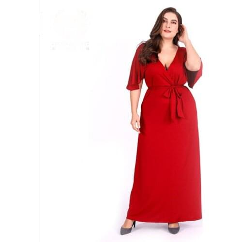 2019 Hot style womens dress new large size shawl sleeve dress red sexy V collar big c 1pcs/lot