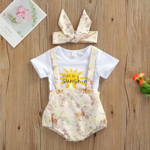 Lovely Baby Girls Boys Clothes Sets Letter Printed Short Sleeve Romper Flowers Overalls Shorts Headband 0-18M