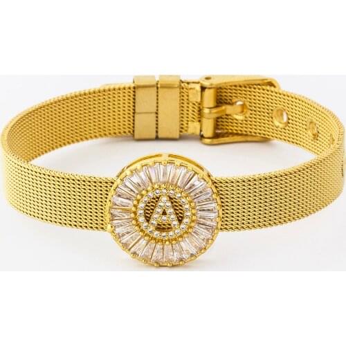 Classic Stainless Steel Watch Belt Bracelet Micro Pave CZ Crystal 26 Letters Name Bracelets Best Party Wedding Jewelry Gift